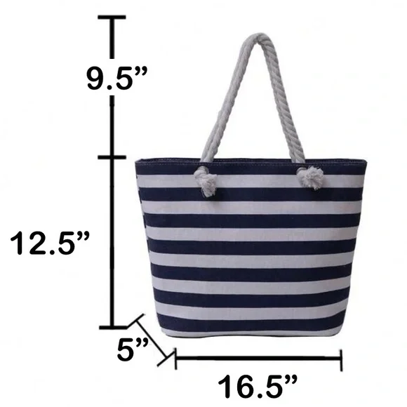 Zippered Striped Canvas Bag Navy Blue & White with Rope Handles - Picture 4 of 7